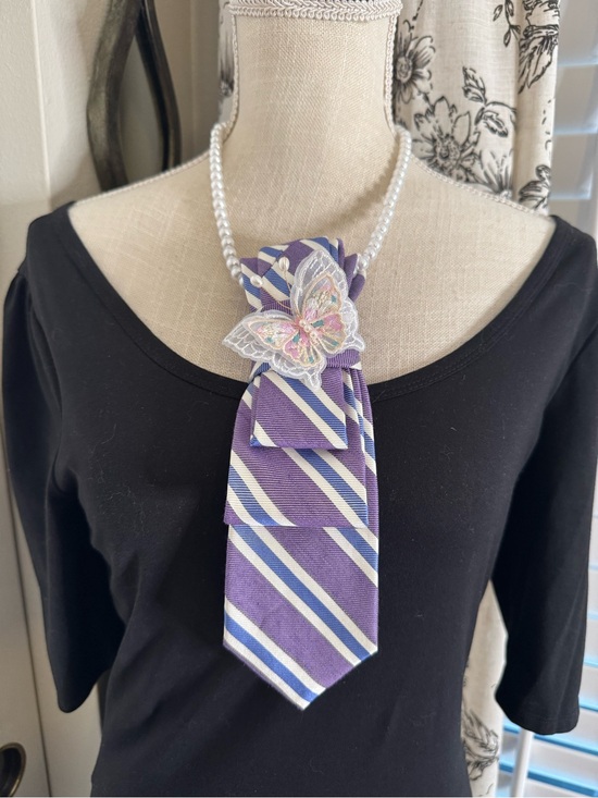Handmade Jewelry - Purple Striped Tie Necklace with Butterfly Accent - Women Jewelry